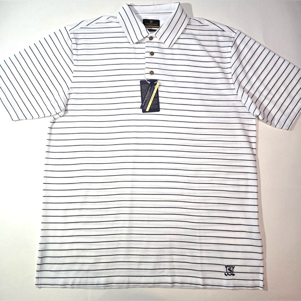 Sakmann Men's Polo Golf Shirt White with Navy Lines